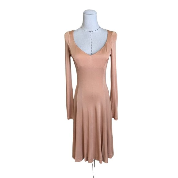 Vintage 70s James Reva Peach Nude Dress Poly Jersey Slinky Sexy Fitted Halston - Picture 1 of 12